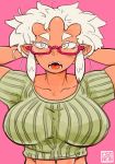  1girl arms_behind_head breasts crop_top glasses huge_breasts impossible_clothes impossible_shirt looking_at_viewer midriff oni open_mouth original payot pink-framed_glasses pink_eyes red_oni red_skin san_mamiya semi-rimless_glasses short_hair solo toned under-rim_glasses vertical_stripes white_hair 