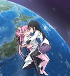  2girls akemi_homura argyle argyle_legwear black_hair breath dress earth giantess gloves goddess_madoka hair_ribbon hairband highres japan kaname_madoka long_hair magical_girl mahou_shoujo_madoka_magica multiple_girls pantyhose pink_hair pink_legwear ribbon sweatdrop terada_ochiko thigh-highs twintails violet_eyes yuri 