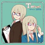  2boys afuro_terumi artist_name bespectacled blue_hair character_name clipboard dated dual_persona formal glasses height_difference inazuma_eleven inazuma_eleven_(series) inazuma_eleven_go l_hakase long_hair male multicolored_hair multiple_boys necktie ponytail red_eyes suit sweater two-tone_hair 
