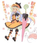  1girl alternate_costume blonde_hair boots dress fang halloween hat hourai_doll jack-o&#039;-lantern lance long_hair looking_at_viewer morino_hon open_mouth pantyhose polearm simple_background small_breasts smile solo striped striped_legwear touhou translation_request weapon white_background witch_hat 