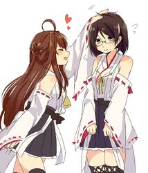  2girls ahoge bare_shoulders black_hair blue_eyes blush boots brown_hair closed_eyes double_bun frilled_skirt frills glasses haroko_(haloco) heart kantai_collection kirishima_(kantai_collection) kongou_(kantai_collection) long_hair multiple_girls no_legwear nontraditional_miko open_mouth petting semi-rimless_glasses short_hair skirt thigh-highs thigh_boots under-rim_glasses v_arms zettai_ryouiki 