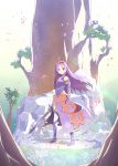 1girl ahoge bare_shoulders breastplate detached_sleeves fingerless_gloves gloves headband highres long_hair looking_at_viewer official_art petals pointy_ears purple_clothes purple_hair red_eyes smile solo standing sword sword_art_online tree weapon yuuki_(sao) 