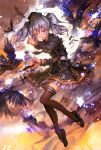  1girl bird black_legwear crow hat highres lm7_(op-center) looking_at_viewer open_mouth original red_eyes silver_hair solo thigh-highs torn_clothes twintails zettai_ryouiki 