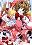  1girl :d absurdres baton blurry bow brown_hair cardcaptor_sakura depth_of_field dress fumiko_(miruyuana) fuuin_no_tsue gloves green_eyes hat heart highres holding kerberos kinomoto_sakura looking_at_viewer magical_girl open_mouth petals pink_dress puffy_short_sleeves puffy_sleeves revision ribbon short_sleeves smile solo star wand white_gloves 