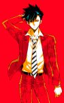  1boy formal haikyuu!! kuroo_tetsurou necktie red_background short_hair simple_background solo sousui_hani suit 