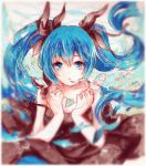  1girl absurdres alitia artist_name blue_eyes blue_hair blurry bow brown_dress dated dress hair_bow hatsune_miku highres jewelry long_hair looking_at_viewer open_mouth pendant shinkai_shoujo_(vocaloid) solo twintails underwater vocaloid 