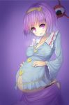  1girl absurdres breasts cleavage collarbone cowboy_shot from_side glowing hand_on_own_stomach happy heart heart-shaped_pupils highres kamituki0827 komeiji_satori lace-trimmed_panties long_sleeves looking_at_viewer navel open_mouth panties pregnant purple_background purple_hair purple_skirt ribbon_trim skindentation skirt smile solo sweat symbol-shaped_pupils third_eye touhou unbuttoned underwear violet_eyes wardrobe_malfunction wet wet_clothes 
