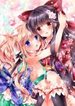  2girls :d black_hair blue_eyes bow breasts brown_eyes brown_hair cherry_blossoms flower flower_on_head hair_bow hair_ribbon head_hug japanese_clothes lolita_fashion long_hair looking_at_viewer multiple_girls nogi_takayoshi open_mouth original petals ribbon sideboob smile wa_lolita 