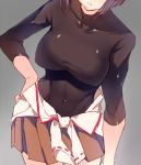  1girl breasts brown_hair clothes_around_waist covered_navel cowboy_shot grey_background hand_on_hip head_out_of_frame hyuuga_(kantai_collection) kantai_collection motyo1964 shirt_around_waist short_hair skirt solo sweater tight_shirt 