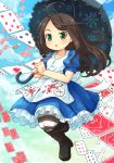  1girl alice:_madness_returns alice_(wonderland) black_hair boots card dress green_eyes long_hair mizuno_mumomo playing_card solo tagme umbrella 