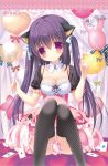  1girl animal_ears aono_ribbon balloon bow breasts cat_ears cleavage detached_sleeves hair_bow hair_ornament hair_ribbon head_tilt long_hair looking_at_viewer original polka_dot polka_dot_legwear purple_hair ribbon sitting smile solo thigh-highs twintails violet_eyes 