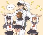  1boy 4girls admiral_(kantai_collection) akatsuki_(kantai_collection) black_eyes black_hair blue_eyes blue_hair brown_hair closed_eyes english folded_ponytail hair_ornament hairclip hanging_on hat hibiki_(kantai_collection) ikazuchi_(kantai_collection) inazuma_(kantai_collection) kantai_collection long_hair military military_uniform multiple_girls nonono_(basasi21) outstretched_arms peaked_cap school_uniform serafuku short_hair simple_background skirt spread_arms trembling uniform verniy_(kantai_collection) violet_eyes yellow_background 