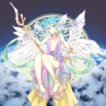  1girl aqua_eyes aqua_hair barefoot bent_knees breasts cleavage dress hair_bun hatsune_miku head_wings long_hair looking_at_viewer multicolored_hair open_clothes small_breasts smile solo staff twintails two-tone_hair vocaloid wings wogura wristband 