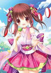  1girl :d aono_ribbon bow brown_eyes brown_hair detached_sleeves hair_bow hair_ornament hair_ribbon holding idolmaster idolmaster_cinderella_girls japanese_clothes kimono lolita_fashion looking_at_viewer microphone ogata_chieri open_mouth reaching ribbon short_kimono sky smile solo twintails wa_lolita 