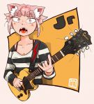  1girl animal_ears breasts cat_ears cleavage electric_guitar eyebrows fangs guitar instrument open_mouth original pink_eyes pink_hair playing_instrument plectrum san_mamiya short_hair small_breasts solo striped thick_eyebrows 