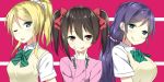  3girls :p ;p \m/ aqua_eyes ayase_eli black_hair blonde_hair blue_eyes blush bow breasts bust cardigan hair_bow long_hair looking_at_viewer love_live!_school_idol_project low_twintails multiple_girls one_eye_closed ponytail purple_hair red_eyes school_uniform short_hair short_sleeves sky_(freedom) sweater_vest tongue tongue_out toujou_nozomi twintails yazawa_nico 