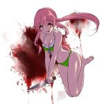  1girl :p barefoot bikini blood breast_squeeze breasts cleavage gasai_yuno knife long_hair mirai_nikki pink_eyes pink_hair raind smile solo swimsuit tongue tongue_out twintails weapon 