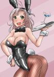  1girl animal_ears ayuayu_(shouyu_no_sato) bowtie breasts bunny_girl bunny_tail bunnysuit cleavage detached_collar fishnet_pantyhose fishnets glass green_eyes hair_ornament hand_on_hip kantai_collection kinugasa_(kantai_collection) long_hair martini_glass open_mouth pantyhose playboy_bunny_leotard purple_hair rabbit_ears smile solo tail tray wrist_cuffs 