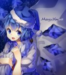  1girl adapted_costume alternate_headwear bag blue_dress blue_eyes blue_hair christmas cirno dress fang hat ice ice_wings looking_at_viewer merry_christmas nuira open_mouth puffy_short_sleeves puffy_sleeves santa_hat shirt short_sleeves smile solo touhou wings 