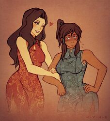  2girls ;) alternate_costume asami_sato avatar:_the_last_airbender black_hair blue_dress blue_eyes blush breasts brown_hair china_dress chinese_clothes commentary cowboy_shot dark_skin dress eyeshadow female floral_print green_eyes hair_tubes hand_on_hip heart high_ponytail iahfy korra legend_of_korra lipstick locked_arms long_hair makeup multiple_girls one_eye_closed payot red_dress side_slit sleeveless sleeveless_dress smile yuri 