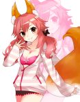  1girl animal_ears blush breasts caster_(fate/extra) casual cleavage fate/extra fate_(series) fox_ears fox_tail hair_ornament looking_at_viewer open_clothes open_shirt pink_hair simple_background smile solo tail twintails white_background yellow_eyes zoom_layer 