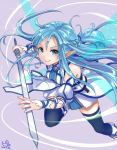  1girl asuna_(sao) asuna_(sao-alo) blue_eyes blue_hair blue_legwear dated jewelry long_hair looking_at_viewer pisuke pointy_ears ring signature smile solo sword sword_art_online thigh-highs weapon wedding_band wings 