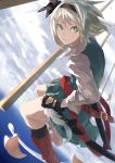  1girl akihira_fujinohara blue_eyes boots clouds dress fingerless_gloves gloves hairband katana konpaku_youmu looking_at_viewer short_hair silver_hair sky solo sword touhou weapon 