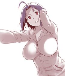  1girl ahoge blue_hair breasts from_below hair_flip hanging_breasts hood_down hoodie huge_ahoge idolmaster large_breasts miura_azusa red_eyes short_hair solo yokkora 