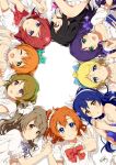  6+girls ayase_eli black_hair blue_eyes blue_hair bow brown_eyes brown_hair from_above green_eyes hair_bow hairband highres holding_hands hoshizora_rin koizumi_hanayo kousaka_honoka light_brown_hair looking_at_viewer love_live!_school_idol_project lying minami_kotori multiple_girls nishikino_maki ogipote on_back on_side one_eye_closed open_mouth outstretched_arm outstretched_hand puffy_short_sleeves puffy_sleeves purple_hair red_eyes redhead scrunchie short_sleeves smile sonoda_umi toujou_nozomi twintails violet_eyes yazawa_nico 