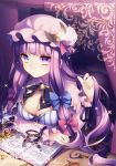  absurdres book bow breasts cleavage crescent_hair_ornament curtains embroidery hair_bow hair_ornament hat highres long_hair looking_at_viewer masaru.jp patchouli_knowledge purple_hair touhou violet_eyes 