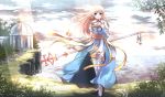  1girl archbishop blonde_hair blue_eyes highres holding long_hair looking_at_viewer ragnarok_online risutaru smile solo staff wind 