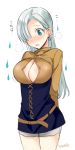  1girl arms_behind_back blue_eyes blush breasts center_opening cleavage earrings elizabeth_liones hair_over_one_eye jewelry long_hair looking_at_viewer nanatsu_no_taizai silver_hair skirt solo udk 
