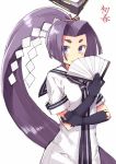 1girl 501092-taka black_gloves blush bust character_name covering_mouth fan folding_fan gloves hatsuharu_(kantai_collection) kantai_collection long_hair looking_at_viewer ponytail purple_hair sailor_dress shide short_eyebrows short_hair simple_background solo very_long_hair violet_eyes white_background 