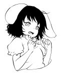  1girl animal_ears black_hair blouse bust carrot_necklace clenched_hands inaba_tewi messy_hair miyo_(ranthath) monochrome open_mouth rabbit_ears short_hair sketch solo touhou 