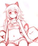  1girl :c animal_ears blush bra cat_ears cat_tail collarbone frown helma_lennartz izuoku long_hair looking_at_viewer navel panties pillow red ribbon simple_background sitting sketch solo strike_witches tail underwear white_background 