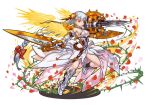  1girl bare_shoulders braid dress dual_wielding greaves long_hair looking_at_viewer official_art orange_eyes petals puzzle_&amp;_dragons rose_petals shield silver_hair solo sword thorns valkyrie valkyrie_(p&amp;d) very_long_hair weapon white_dress wings 