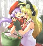  2girls animal_costume animal_ears arm_grab blonde_hair cleavage_cutout cosplay hairband hooded_cloak kemonomimi_mode little_red_riding_hood long_hair looking_at_another multiple_girls nise_nanatsura pleated_skirt purple_hair red_skirt shirt skirt sleeveless sleeveless_shirt tsurumaki_maki twintails violet_eyes vocaloid voiceroid wavy_mouth white_shirt wolf_costume wolf_ears yellow_eyes yuzuki_yukari 