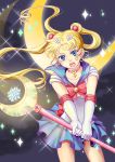  &gt;:o 1girl :o bangs bishoujo_senshi_sailor_moon bishoujo_senshi_sailor_moon_crystal blonde_hair blue_eyes blue_skirt bow brooch choker cowboy_shot crescent_moon double_bun earrings elbow_gloves facial_mark floating_hair forehead_mark fuji_mirano gloves hair_ornament hairclip holding jewelry moon moon_stick parted_bangs red_bow sailor_collar sailor_moon skirt solo sparkle staff tsukino_usagi twintails v_arms white_gloves 