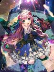  1girl :d blue_eyes dress flower hair_flower hair_ornament hands_on_own_cheeks hands_on_own_face hands_together highres instrument legend_of_the_cryptids long_hair open_mouth pink_hair sheet_music sitting smile solo tob veil very_long_hair violin 