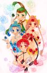  4girls :d amazons_quartet bangs bare_shoulders bishoujo_senshi_sailor_moon blue_eyes blue_hair cerecere_(sailor_moon) colored_eyelashes flower gem green_eyes green_hair hair_bun hair_ornament hair_rings index_finger_raised junjun_(sailor_moon) marker_(medium) multiple_girls open_mouth orange_eyes pallapalla_(sailor_moon) parted_bangs pink_hair red_eyes redhead ri_(aya_pine) rope rose smile traditional_media vesves_(sailor_moon) whip 