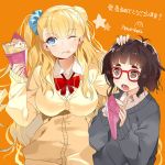  2girls ;q asymmetrical_hair bangs black_hair blue_eyes breasts cardigan cream_on_face crepe flat_chest glasses gyaru-ko hair_bun height_difference large_breasts long_hair multiple_girls nauribon one_eye_closed one_side_up open_mouth oshiete!_gyaru-ko-chan ota-ko_(gyaru-ko) red-framed_glasses school_uniform scrunchie short_hair sleeves_past_wrists sweater tongue tongue_out 