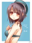  1girl absurdres beret bikini_top black_hair blue_background breasts bust character_name dated hand_on_own_chest hat highres kantai_collection large_breasts looking_at_viewer red_eyes rom short_hair signature takao_(kantai_collection) 