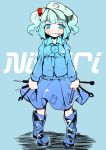  1girl between_fingers blue_eyes blue_hair boots character_name cigarette flanvia hair_bobbles hair_ornament hat highres kawashiro_nitori long_sleeves looking_at_viewer mouth_hold pigeon-toed rubber_boots shirt skirt smirk solo tools touhou twintails 