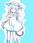  1girl :o alternate_costume between_legs blue blue_background blush cat_tail cowboy_shot dress hat hat_ribbon helma_lennartz highres izuoku long_hair looking_at_viewer open_mouth outline puffy_short_sleeves puffy_sleeves ribbon sailor_dress short_sleeves sketch solo strike_witches sun_hat tail 