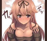  1girl blush breasts bust cleavage collarbone dyson_(edaokunnsaikouya) hair_flaps hair_ornament hair_ribbon hairclip kantai_collection long_hair looking_at_viewer off_shoulder pillarboxed pink_hair red_eyes ribbed_sweater ribbon solo steam sweater tears trembling wavy_mouth yuudachi_(kantai_collection) 