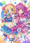  2girls alice_margatroid alternate_costume blonde_hair blue_eyes blush bow crescent_hair_ornament hair_bow hair_ornament hat idol instrument keyboard_(instrument) microphone multiple_girls navel open_mouth patchouli_knowledge purple_hair silver15 striped striped_legwear thigh_strap touhou violet_eyes 