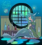  1girl 2014 aqua_eyes aqua_hair blue_eyes blue_hair bottle bowl bubble dated dress drill_hair green_dress head_fins indoors japanese_clothes kimono long_sleeves mermaid monster_girl morino_hon obi ribbon round_window sake_bottle sash short_hair signature sitting smile solo touhou underwater wakasagihime water window 