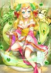  1girl bamboo bare_legs bare_shoulders barefoot blonde_hair chinese_clothes gmanee green_eyes hair_ornament highres long_hair meimei_(p&amp;d) off_shoulder puzzle_&amp;_dragons snake solo turtle turtle_shell 
