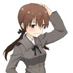  1girl black_ribbon blush brown_eyes brown_hair gertrud_barkhorn hair_ribbon hand_on_head jacket long_hair long_sleeves military military_uniform ribbon shiratama_(hockey) simple_background solo strike_witches twintails uniform wavy_mouth white_background 