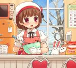  1girl apron baking bangs blunt_bangs blush bowl brown_hair calendar chocolate cooking gloves hat heart microwave mizuno_mumomo momono_kokone open_mouth original puffy_short_sleeves puffy_sleeves rabbit red_eyes refrigerator short_hair short_sleeves smile snow solo tree valentine whisk white_gloves window 